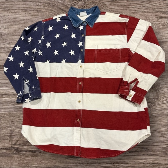 Carolina Blues Plus American Flag Button-Up 100% Cotton Shirt Size 20 - Picture 1 of 6